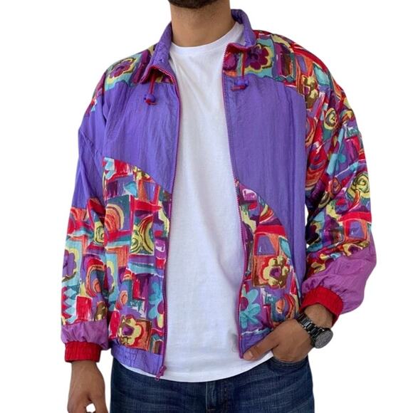 Vintge 80s Profile Windbreaker Track Jacket Size M Dopamine Floral Unisex 80's - Picture 1 of 10